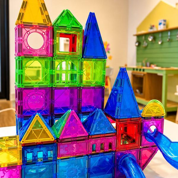 Castelo de blocos magnéticos coloridos na brinquedoteca